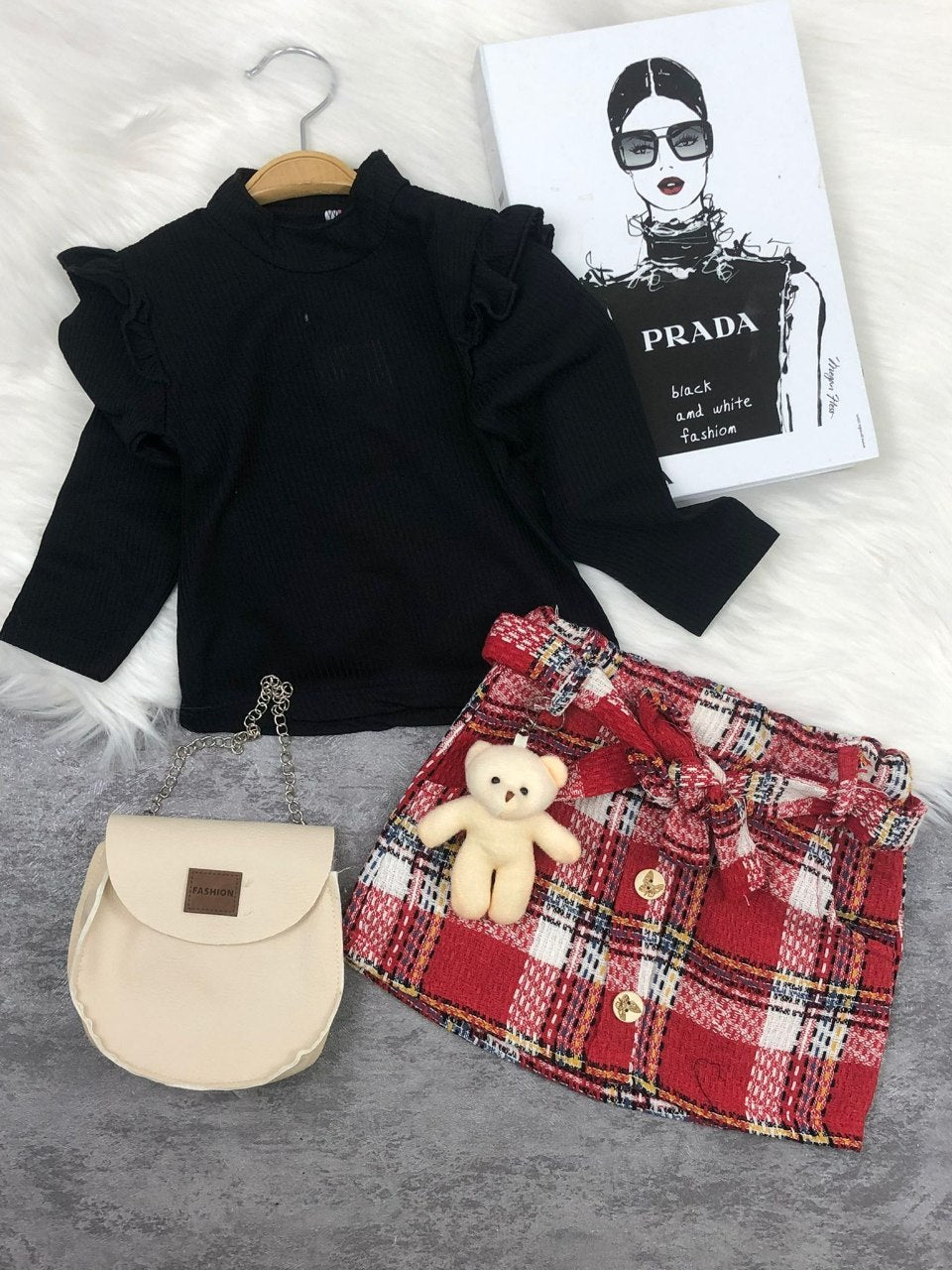 Long Sleeve Ruffle Shirt and Plaid Skirt