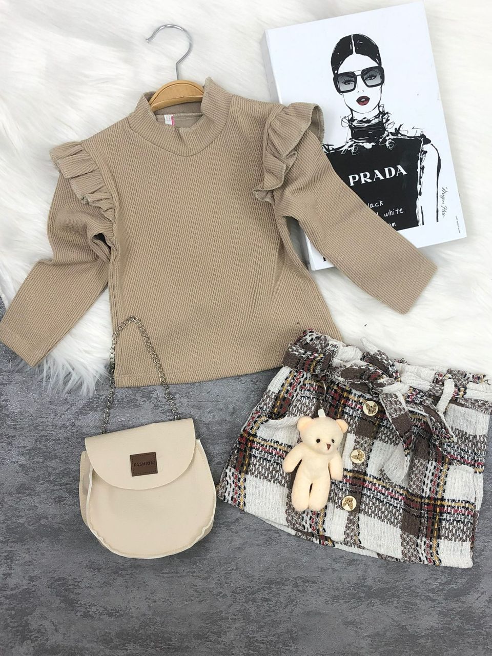 Long Sleeve Ruffle Shirt and Plaid Skirt