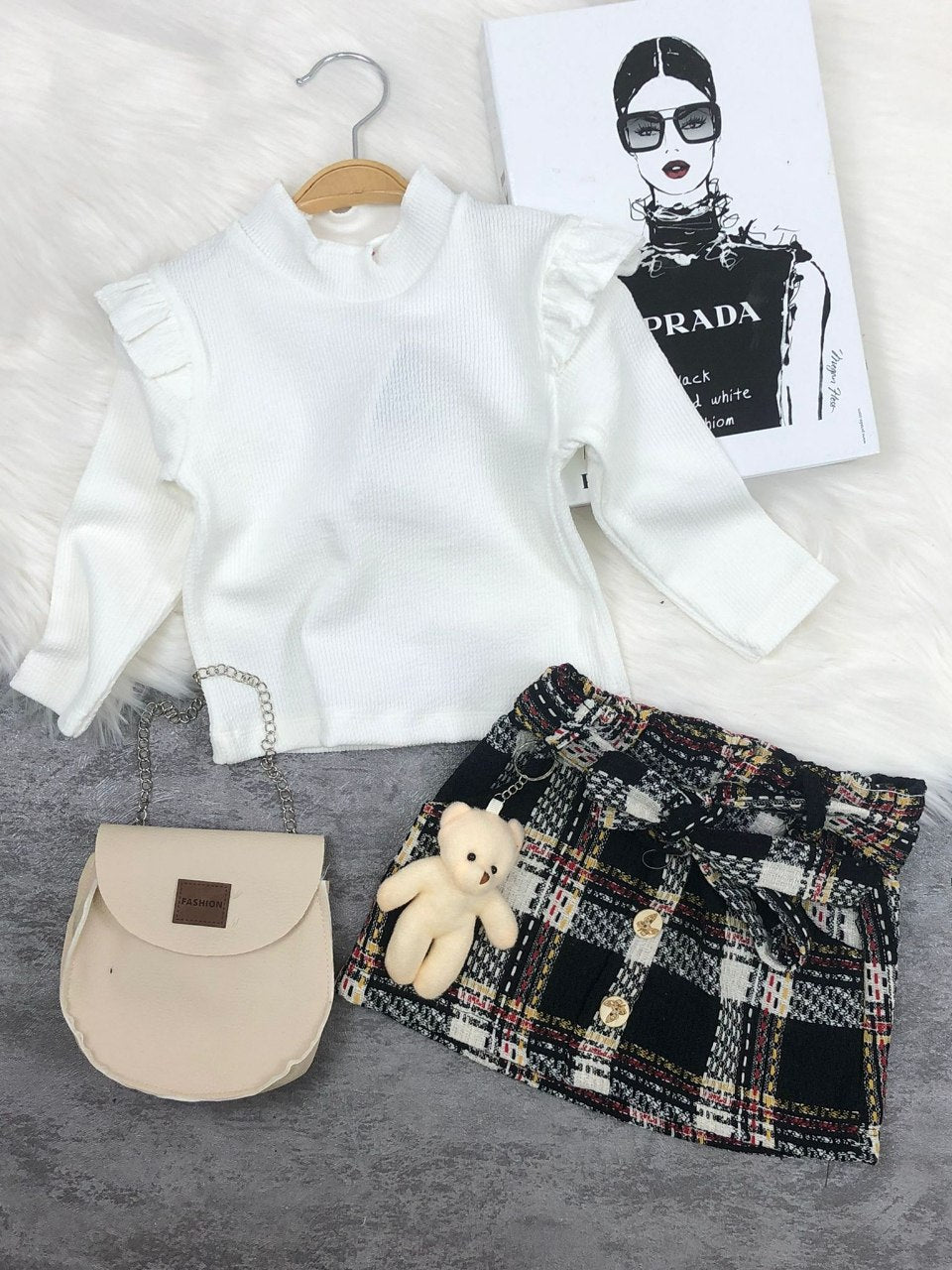 Long Sleeve Ruffle Shirt and Plaid Skirt