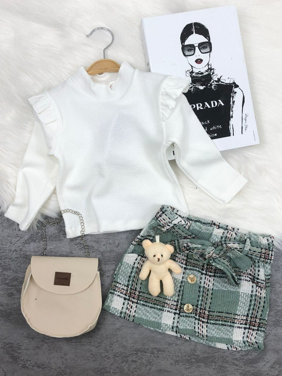 Long Sleeve Ruffle Shirt and Plaid Skirt